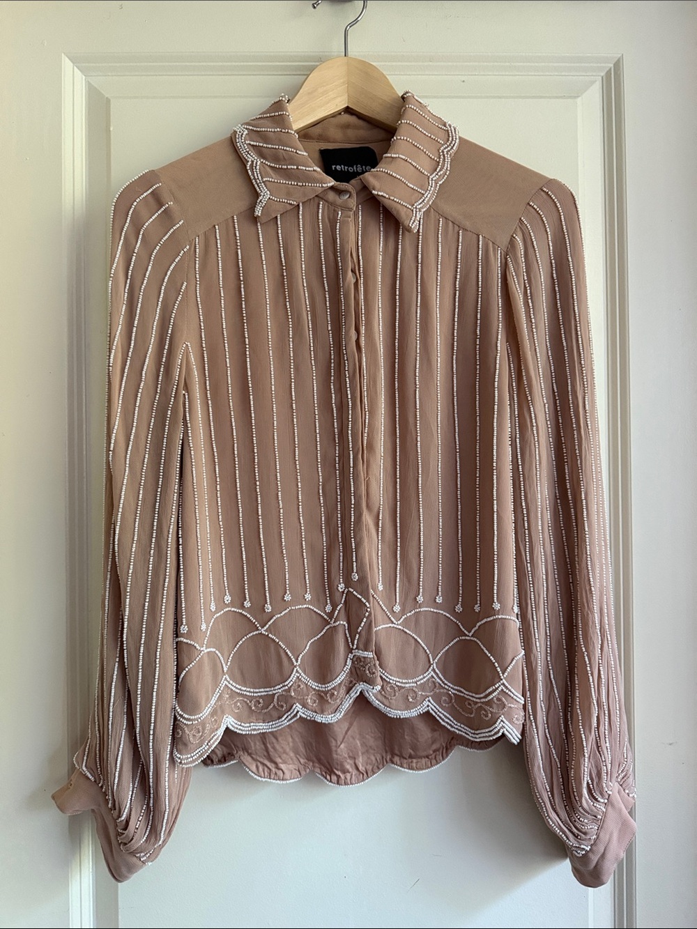Retrofete Blush Pink Beaded Scallop-Trim Blouse